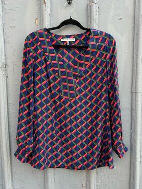 Trina Turk Alisha Geometric Print Silk Blouse, size M
